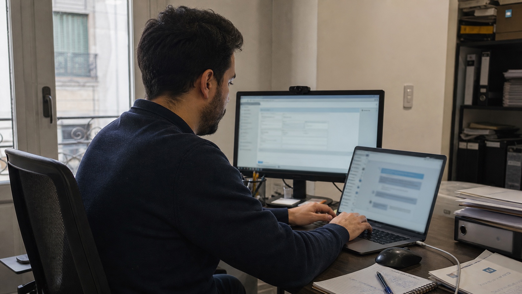 Profesional trasladando información entre un asistente conversacional y el sistema de gestión de su empresa