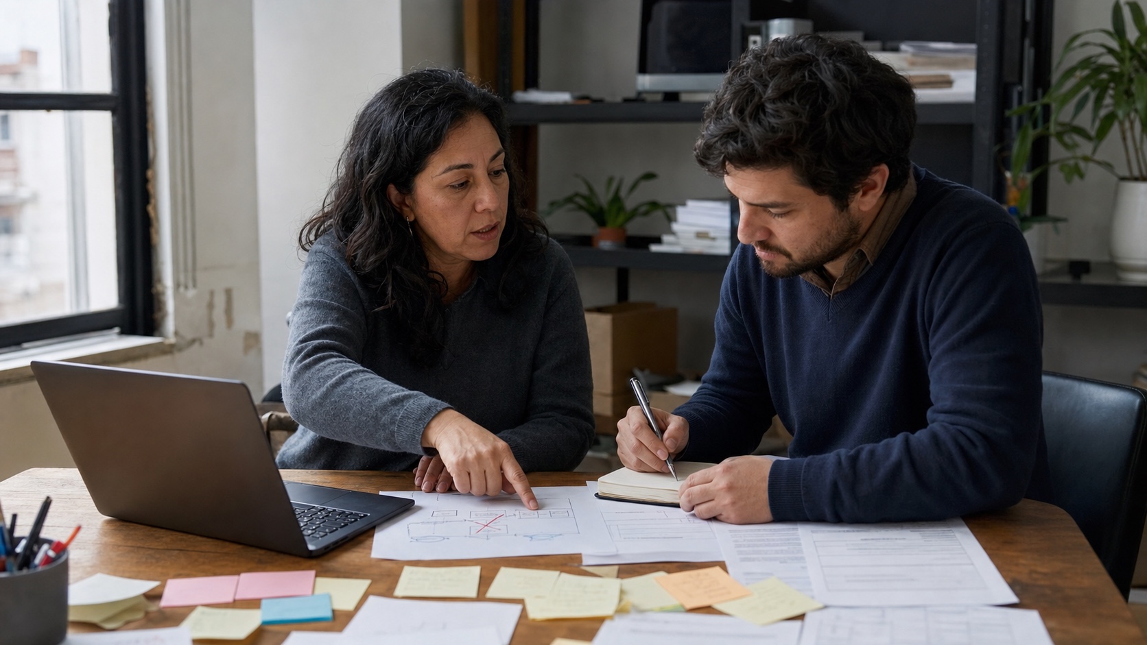 Dueña de una pyme y consultor revisando un proceso para detectar errores antes de implementar inteligencia artificial
