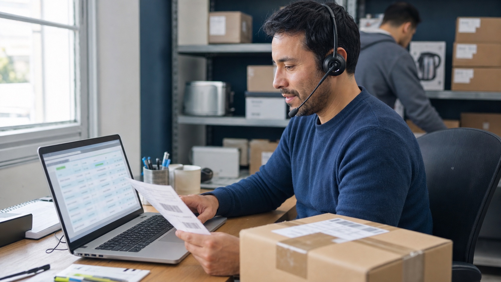 Especialista de atención al cliente verificando el estado real de un pedido mientras conversa por auriculares