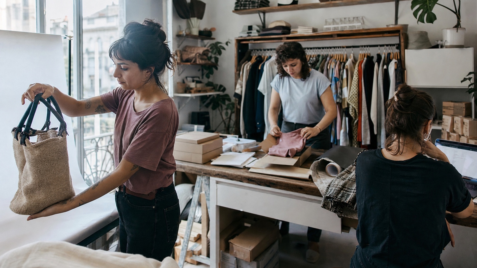 Equipo de una tienda online preparando el catálogo, empaquetando pedidos y atendiendo consultas