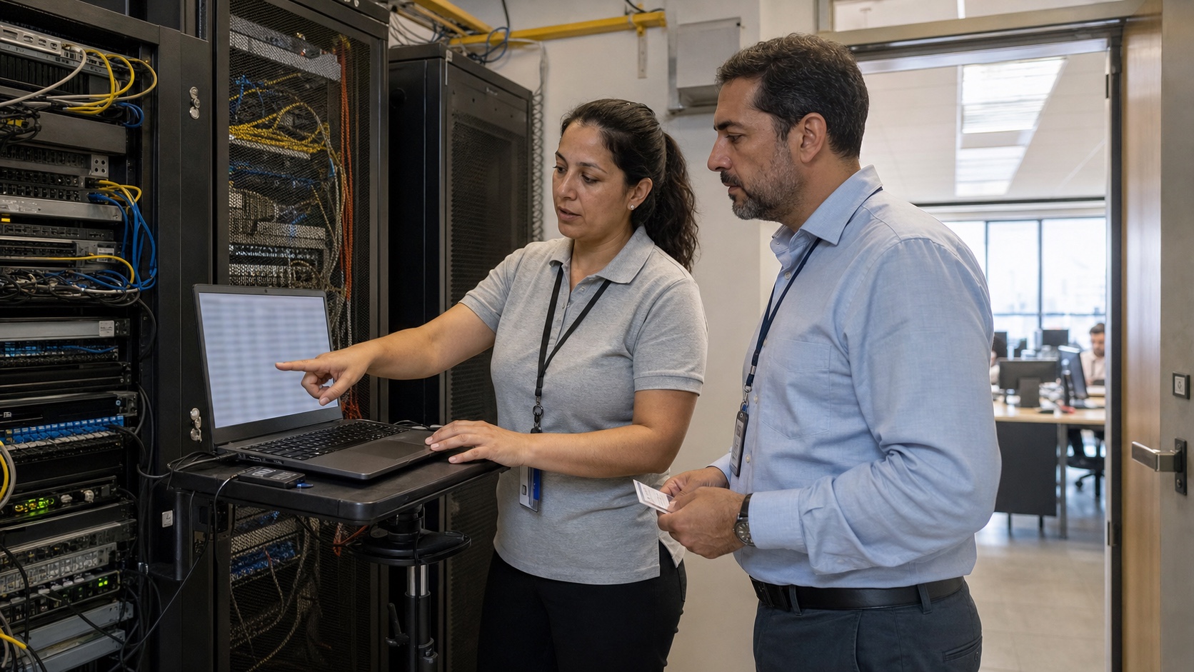 Administradora de sistemas revisando permisos y accesos junto al responsable de una empresa