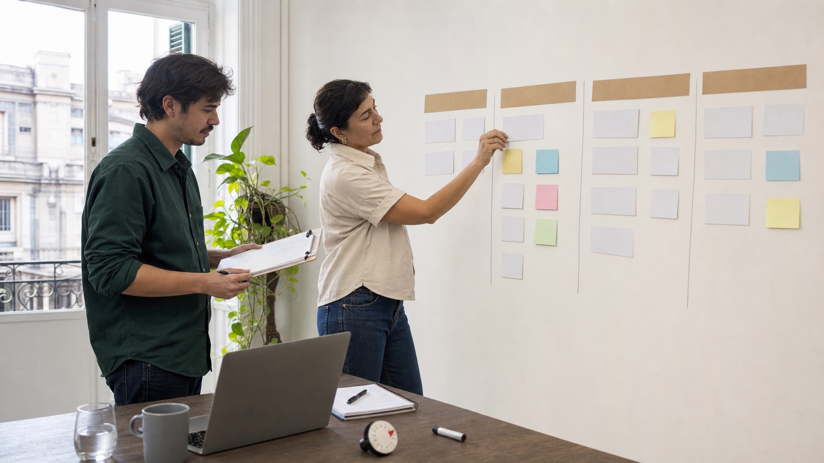 Equipo organizando un plan práctico de cuatro etapas para implementar inteligencia artificial en su empresa